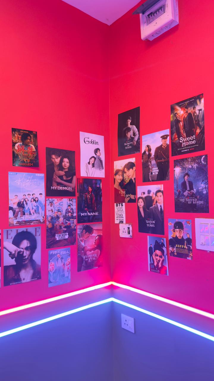 K-Drama poster wall featuring Goblin, My Demon, Queen of Tears and more